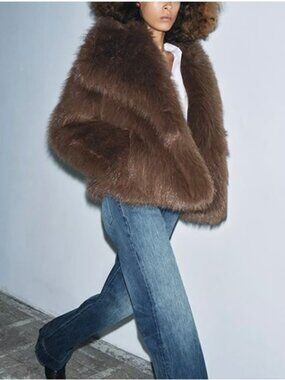 Zara ZW Collection Faux Fur Short Coat in Brown Small NWT